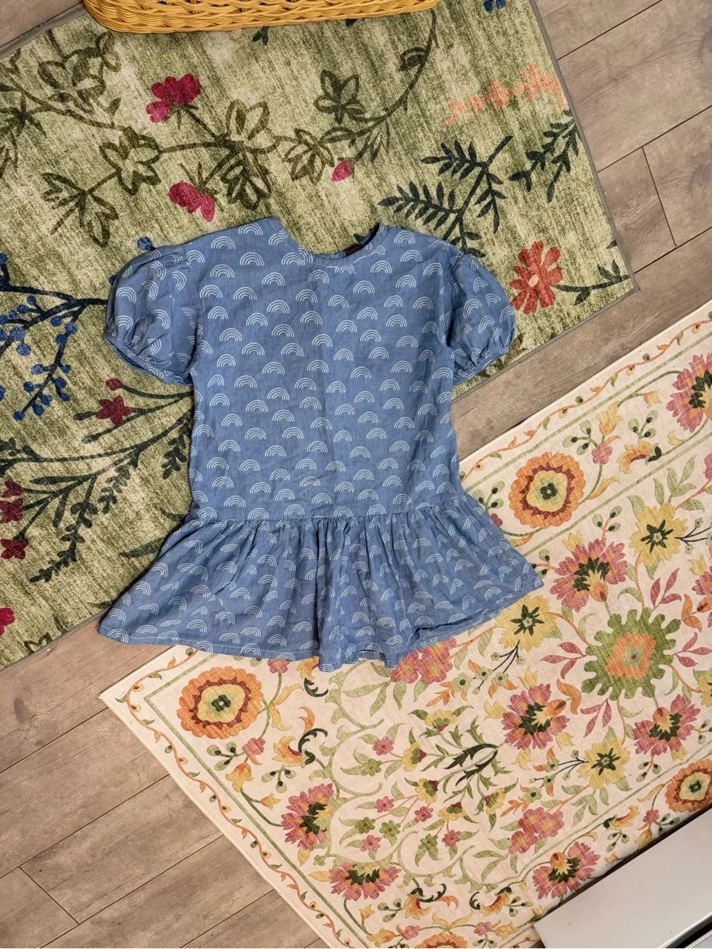 Tea Collection Girl’s Denim Blue Rainbow Puff-Sleeve Dress Size 7 100% Cotton